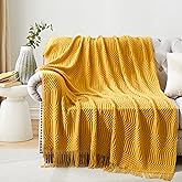 HommxJF Mustard Yellow Knitted Throw Blankets for Couch, Bedroom and Officeroom,Textured Fade Resistant Soft and Warm Decorative Knitted Blankets with Tassel,50"x60"