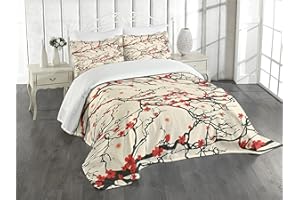 Lunarable Japanese Bedspread, Nature Cherry Blossom Sakura Branch Flowers Art Print Tree with Petals, Decorative Quilted 3 Piece Coverlet Set with 2 Pillow Shams, King Size, Brown Orange