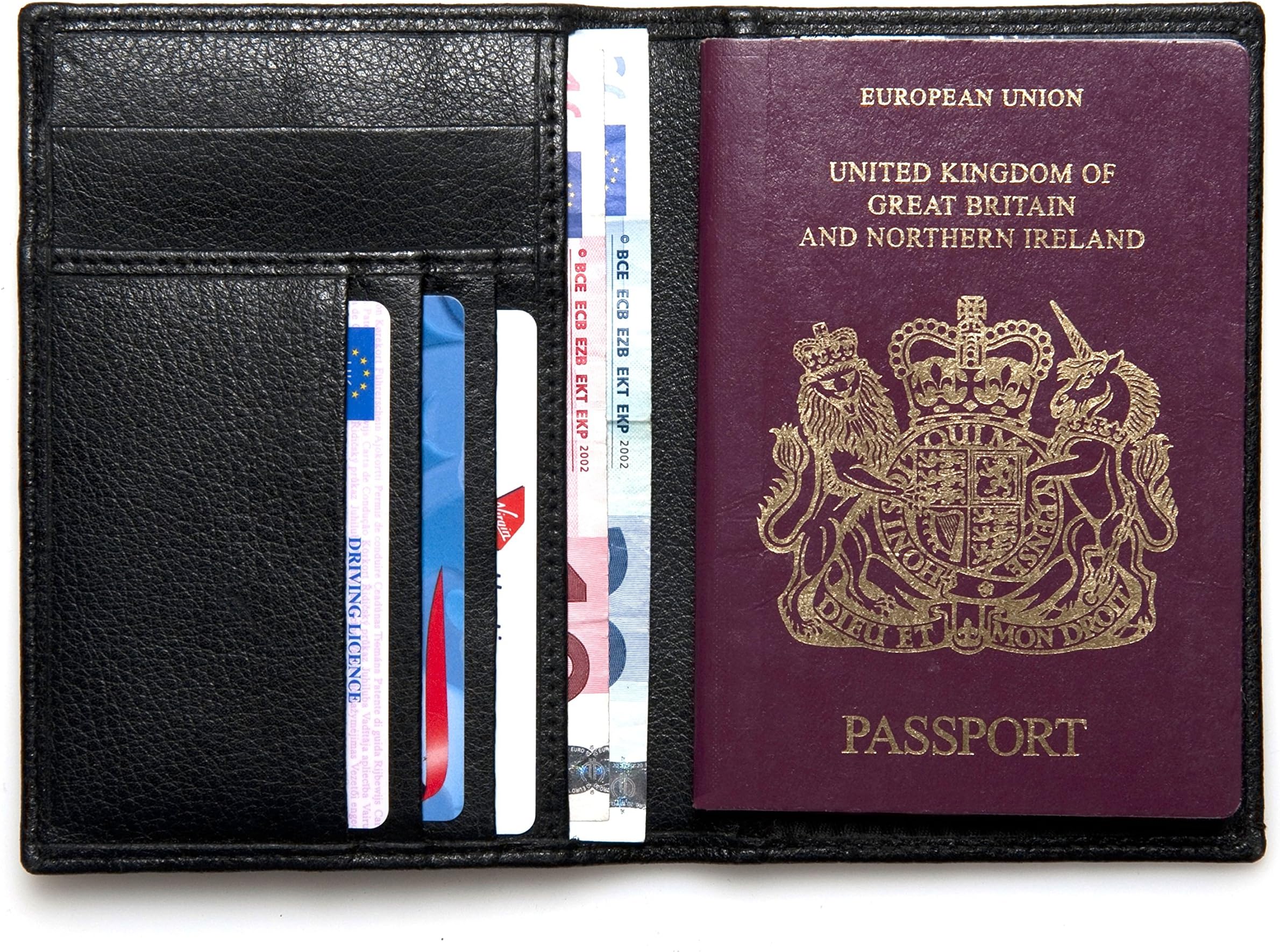 Real Leather Passport & Credit Card Holder in Black Chelsea Leather
