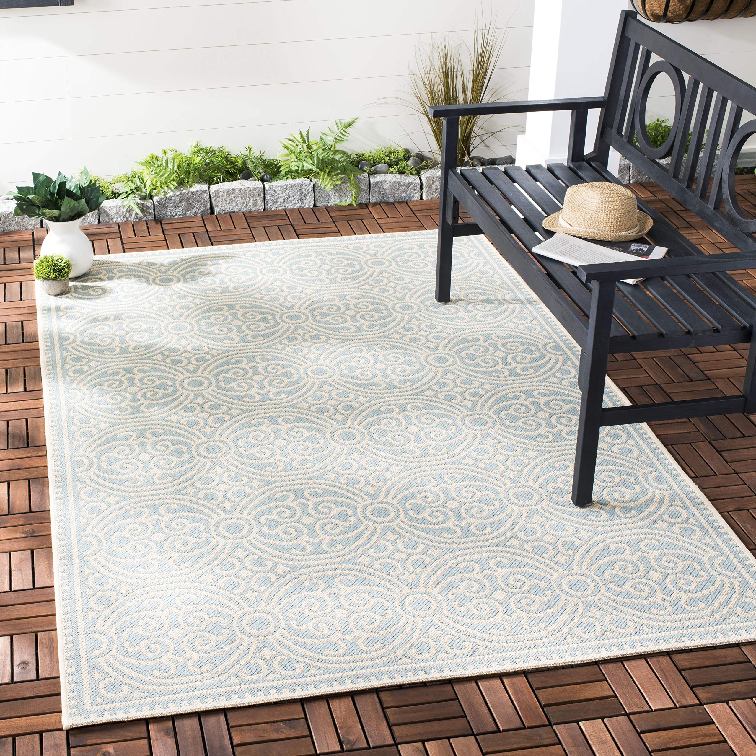 Safavieh Medallion Indoor/Outdoor Woven Rectangle Area Rug, Beachhouse Collection, BHS134, in Cream / Aqua, 79 X 152 cm for Garden, Patio or Any Outdoor Space