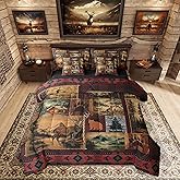 Erosebridal Patchwork Cabin Lodge Bedding Set Queen 7 Pcs,Bear Deer Hunting Bed in a Bag with Flat Fitted Sheet,Boho Exotic Comforter Set with Pillowcase and Sham,Woodland Animal Bed Sheets Set