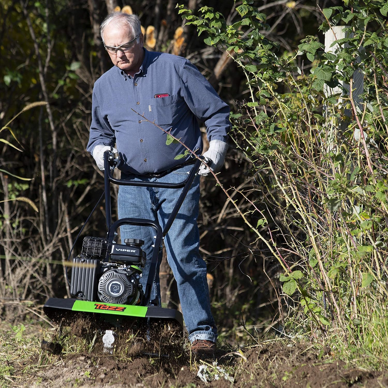 Tazz 35310 2-in-1 Front Tine Tiller/Cultivator, 79cc 4-Cycle Viper Engine, Gear Drive Transmission, Forged Steel Tines, Multiple Tilling Widths of 11”, 16” & 21”, Toolless Removable Side Shields, Green : Garden & Outdoor