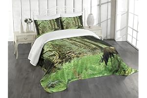 Ambesonne Rainforest Bedspread Set, Roosevelt Elk in Rain Forest Wildlife National Park America Antlers Theme, 3 Piece Decorative Bedding Coverlet and 2 Pillow Shams, Queen Size, Green Brown