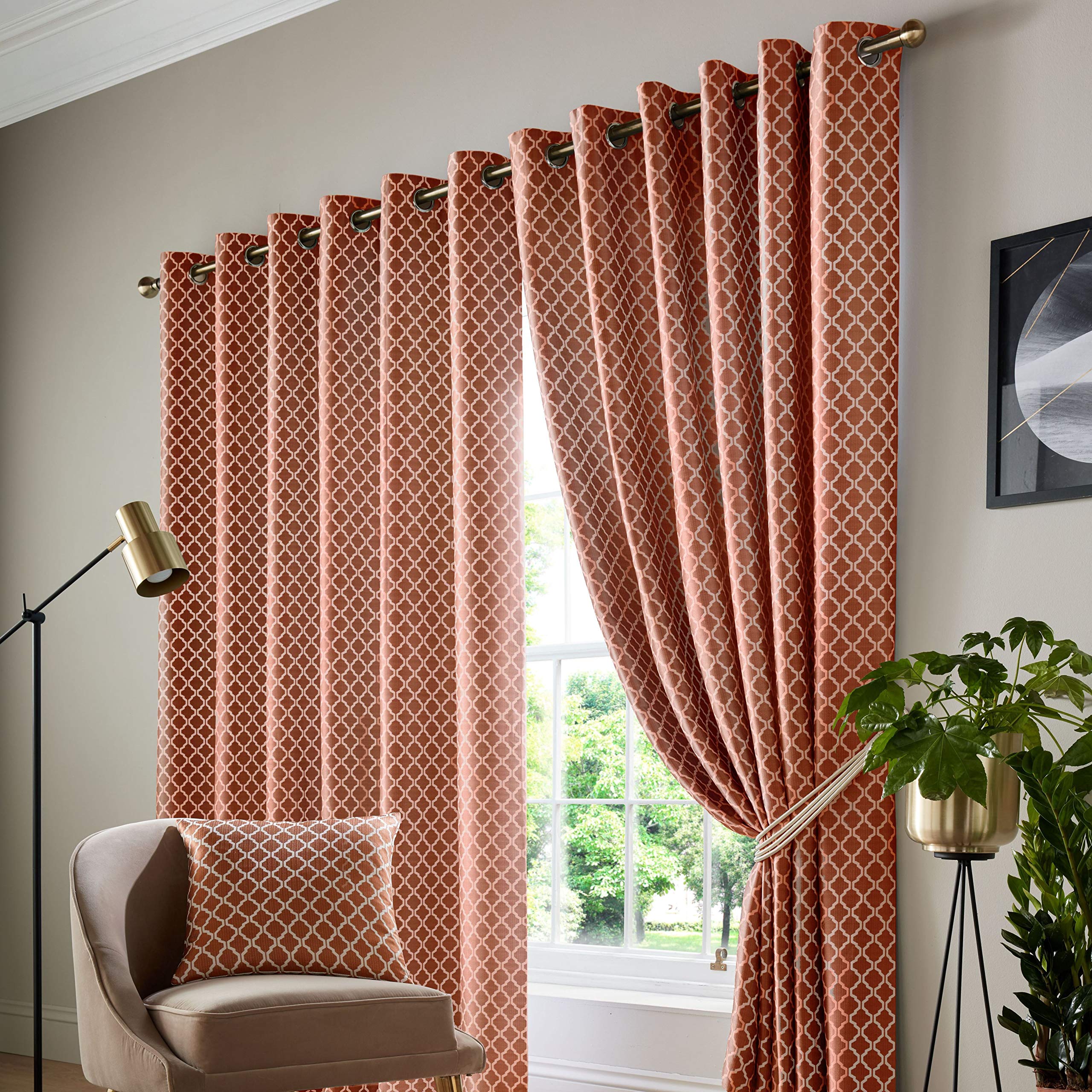 Alan Symonds Cotswold Fully Lined Jacquard Eyelet Ring Top Curtains - Pair (Orange/Terracotta, 66" x 72" (167x183cm))