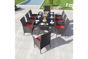 Kullavik 10-Piece Outdoor Dining Set Patio Rattan Furniture Set,Patio Dining Table and Chairs Set with 8 Chairs and Cushions,Square Glass Tabletop with Umbrella Hole for Patio,Backyard,Garden,Red