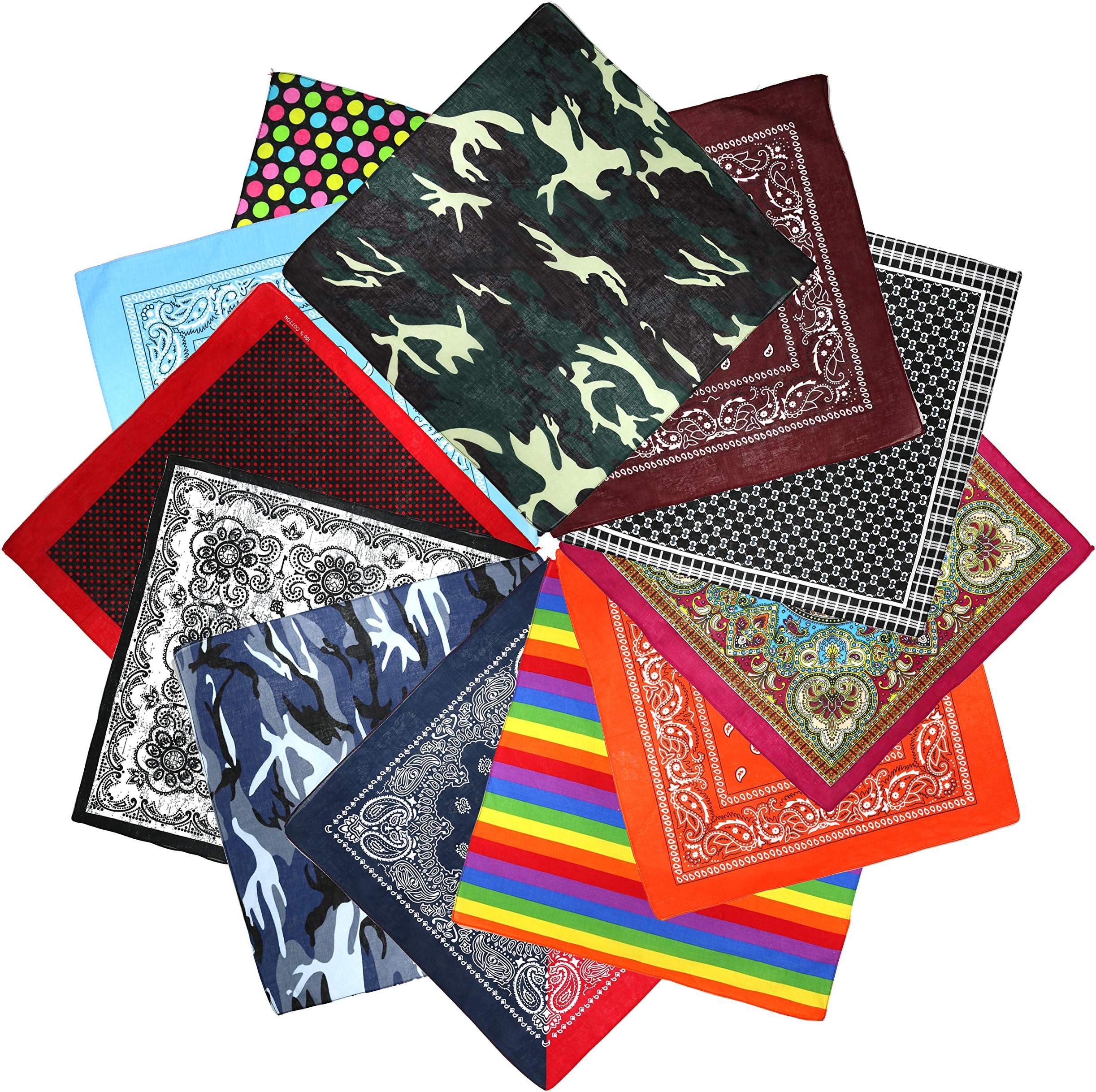 by RobelliPack of 12 Mixed Cotton Bandanas (7x Printed Designs, 4x Paisley Design)