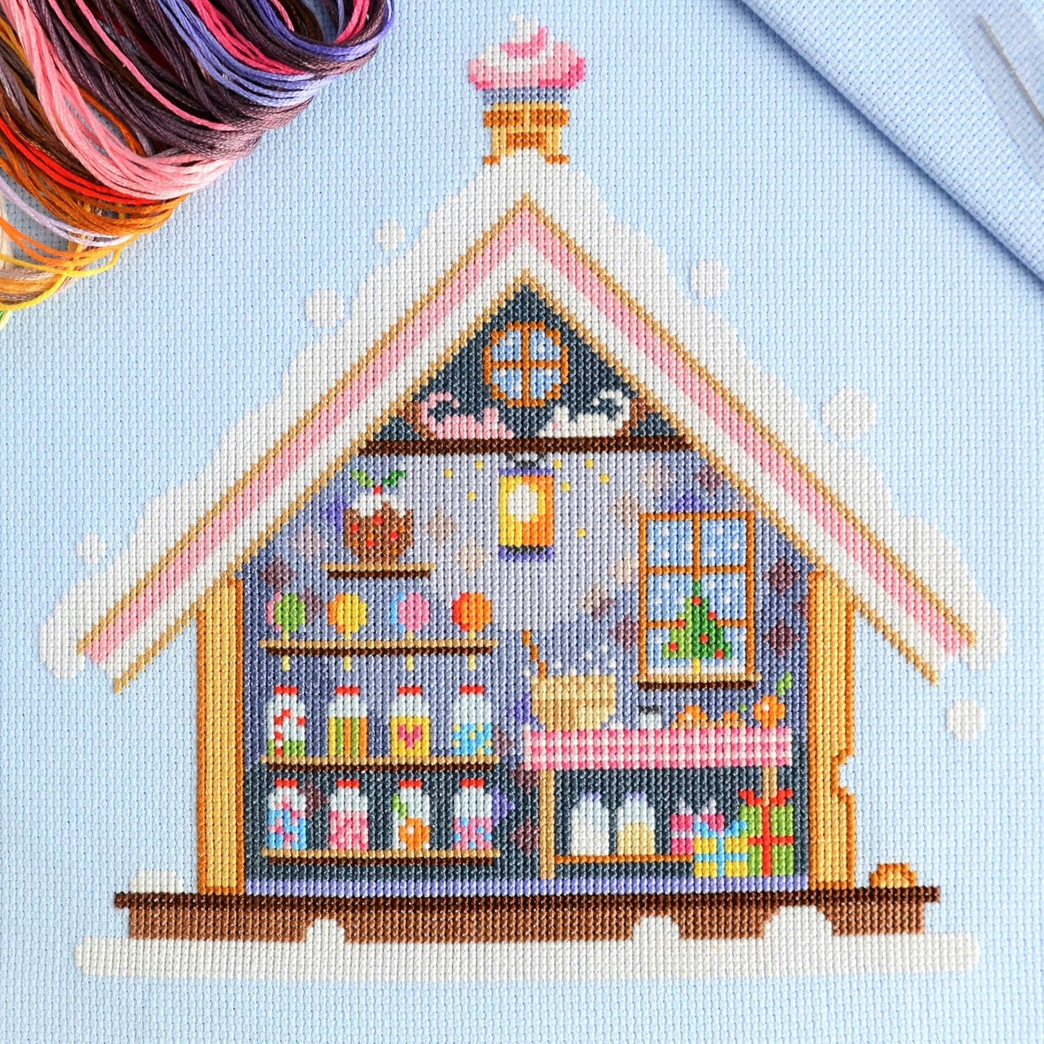 Gingerbread House Cross Stitch Kit - Modern Christmas Design on 16