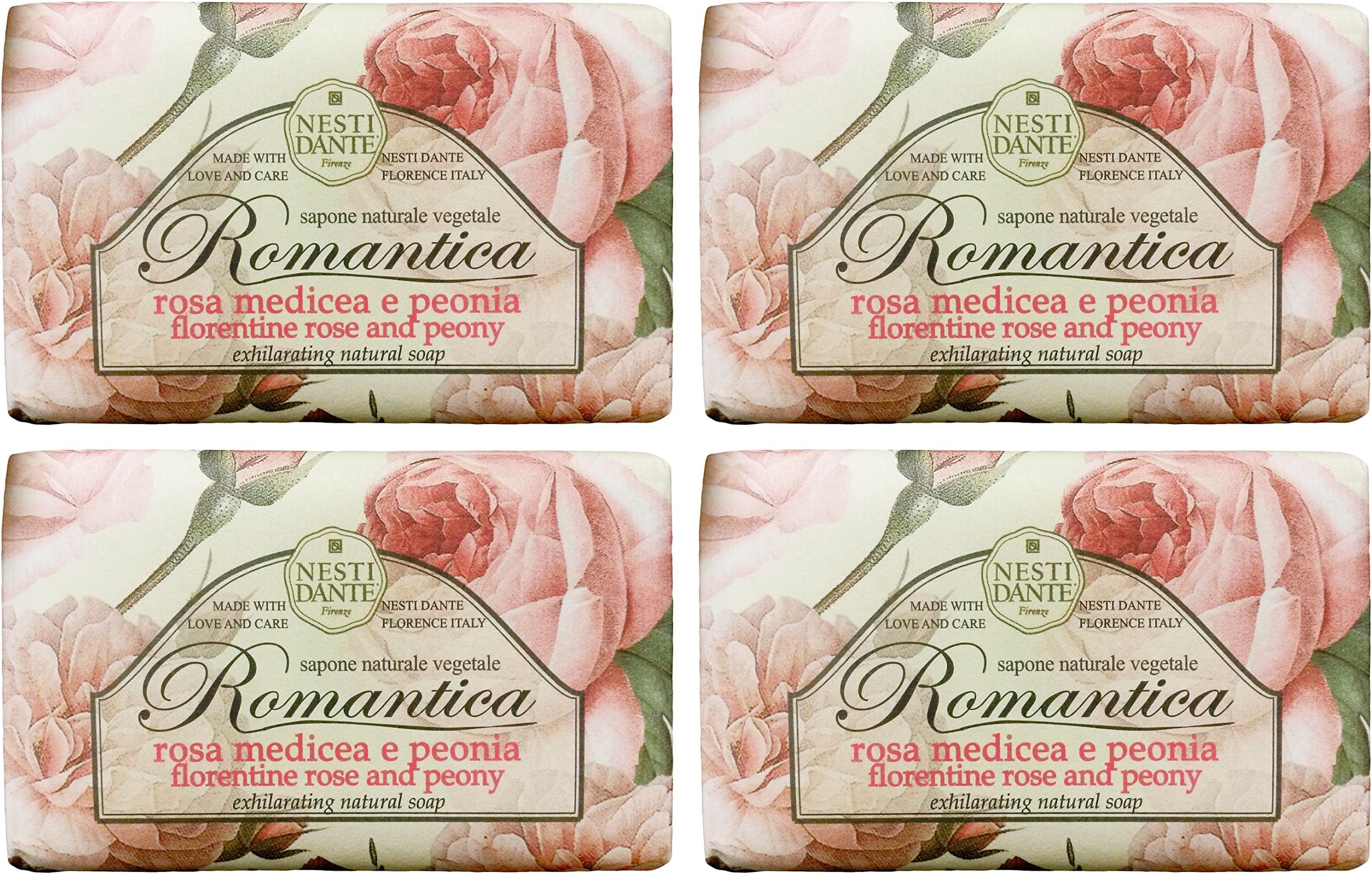 Saponeria Nesti Firenze:"Rosa Medicea e Peonia" Exhilarating Natural Soap,"Romantica" Line - 5.3 Ounces (150g) Packages (Pack of 4) [ Italian Import ]