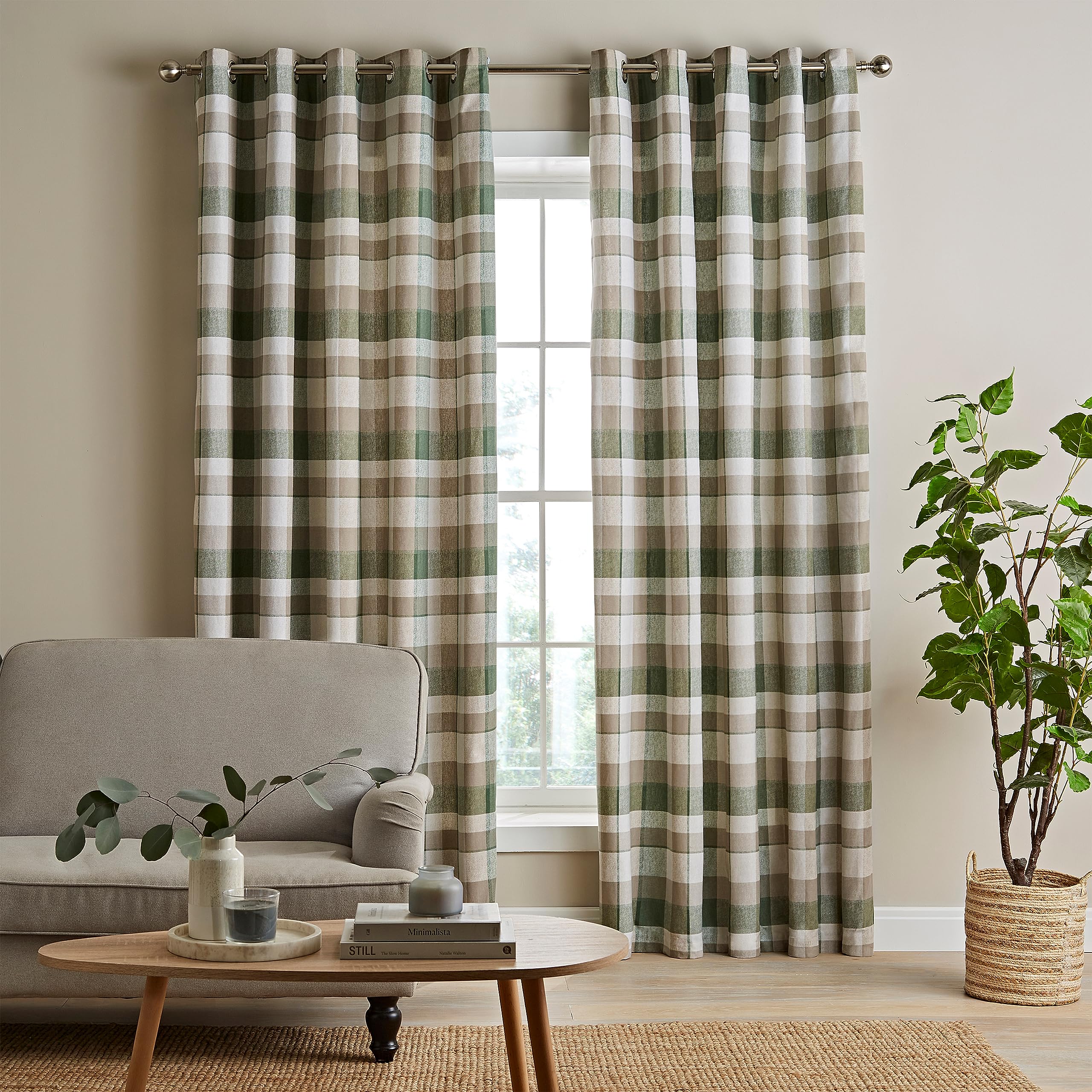 Catherine Lansfield Brushed Cotton Thermal Check 66x54 Inch Lined Eyelet Curtains Two Panels Green