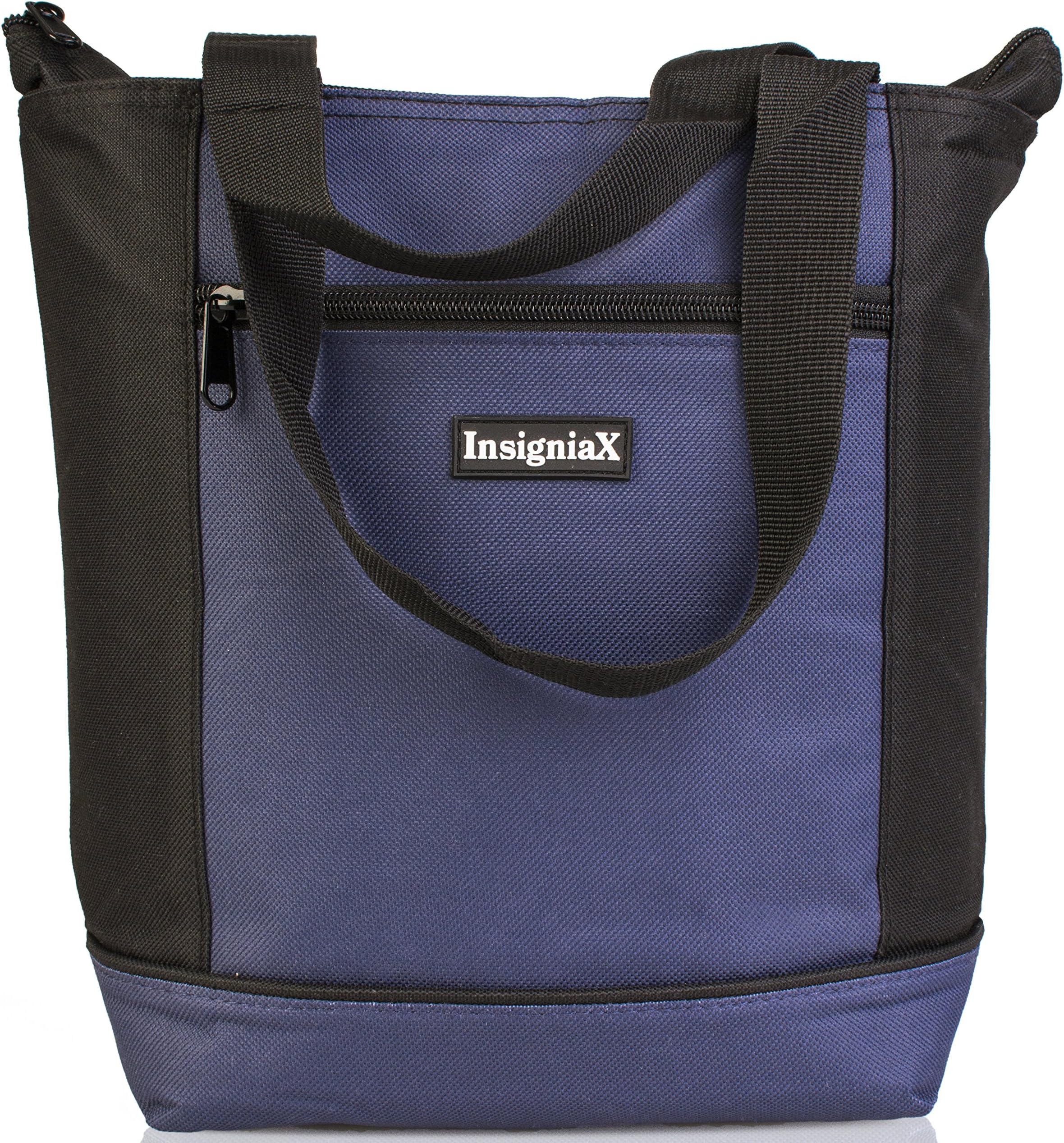 Insulated Lunch Bag/Box/Tote: InsigniaX Cool Food Lunchbox For Adult Men Women Boys Girls School Kids Baby Hot Meal Prep Bento Work With Zip Top Handle Size H:28 x W:10.2 x L:36.8cm (Small, Navy Blue)