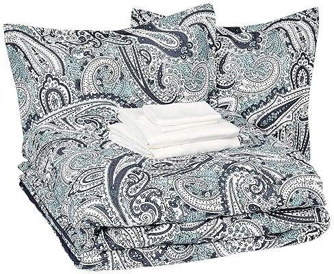 AmazonBasics 8-Piece Comforter Bedding Set, King, Blue Paisley