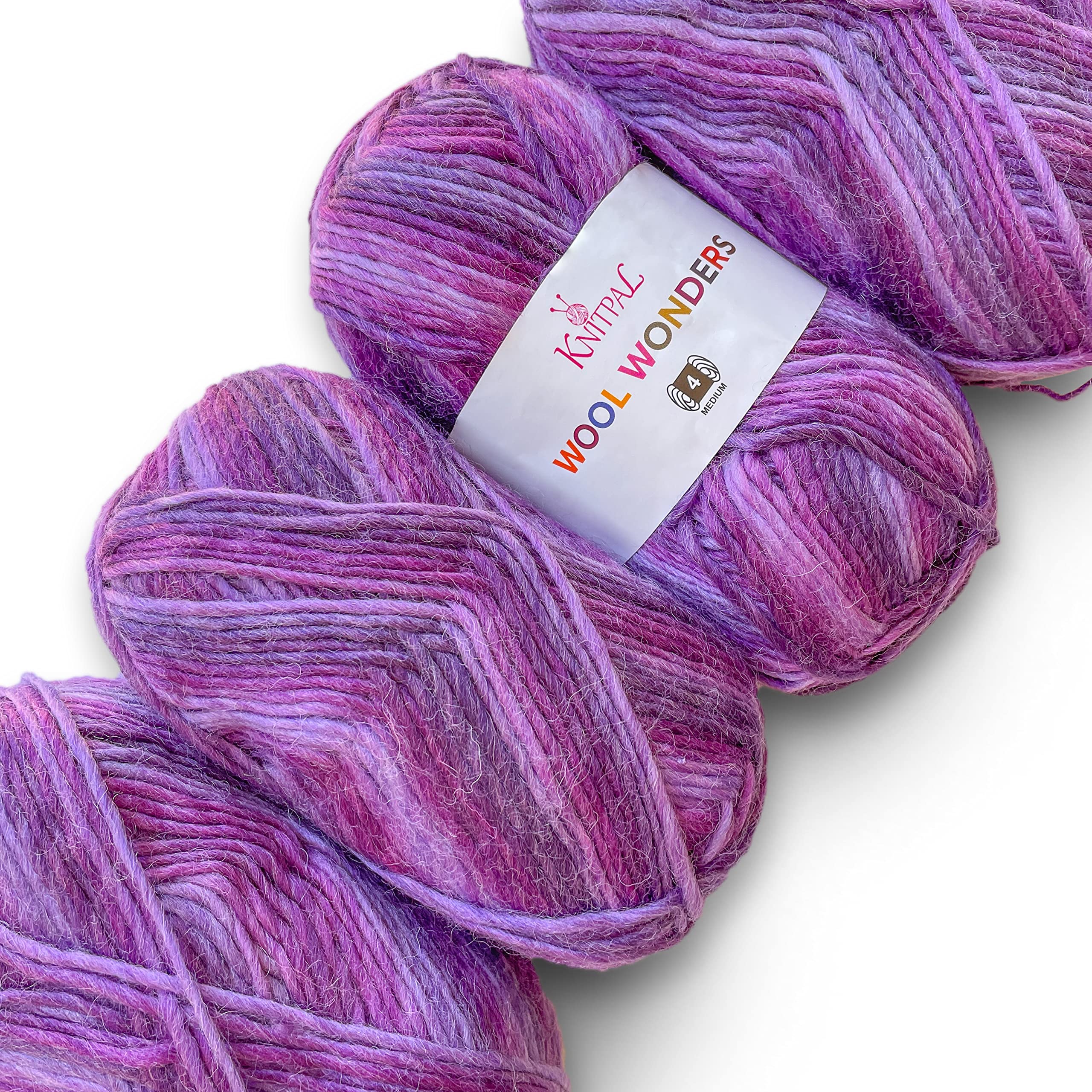 Wool Wonders Variegated #4 Medium Heavy Worsted/Aran Weight Thick Yarn, 30% Australian Wool and 70% Acrylic,4 Skeins, 400g/584m (Purple Iris)