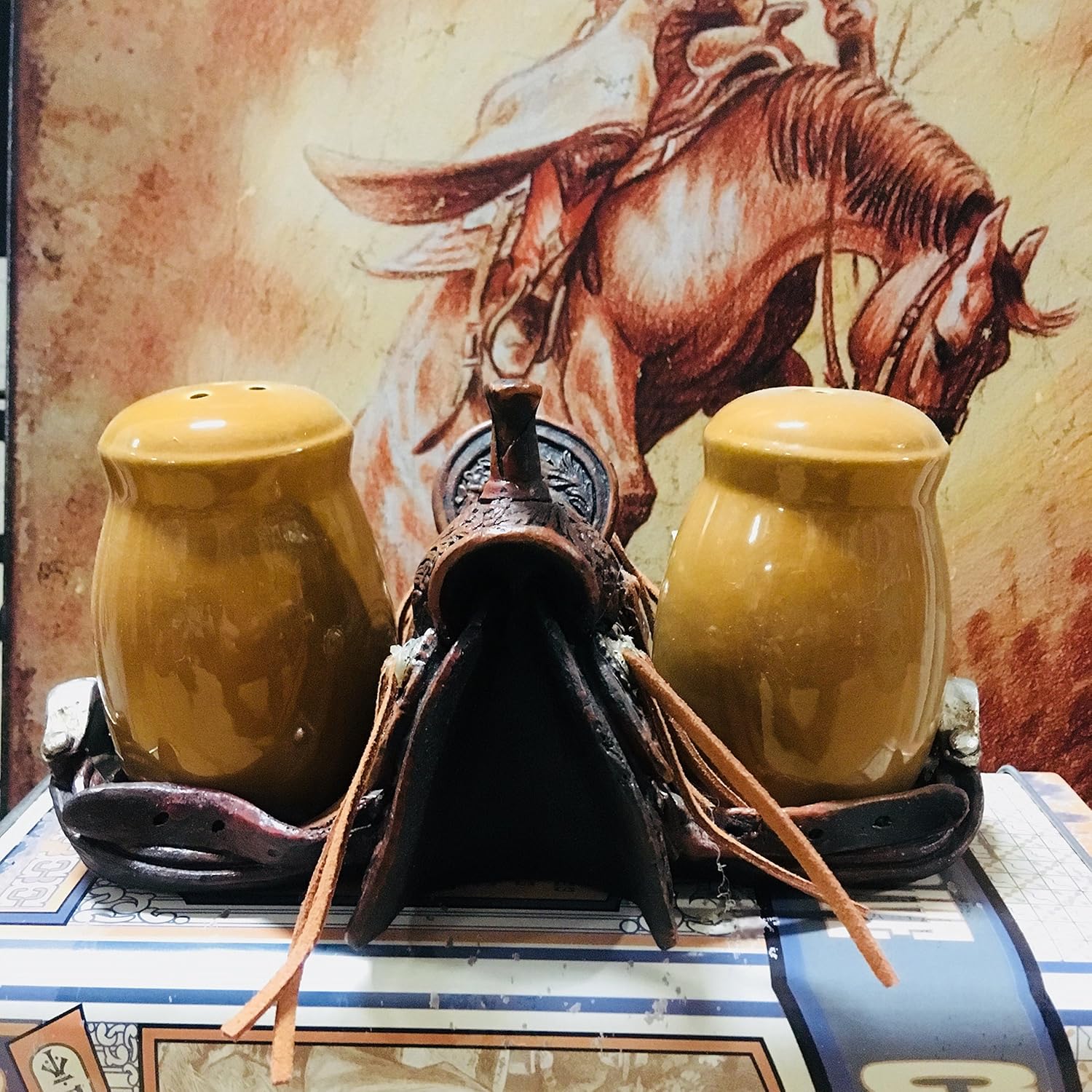 Cowboy HORSE SADDLE & TASSELS Holder with Salt and Pepper