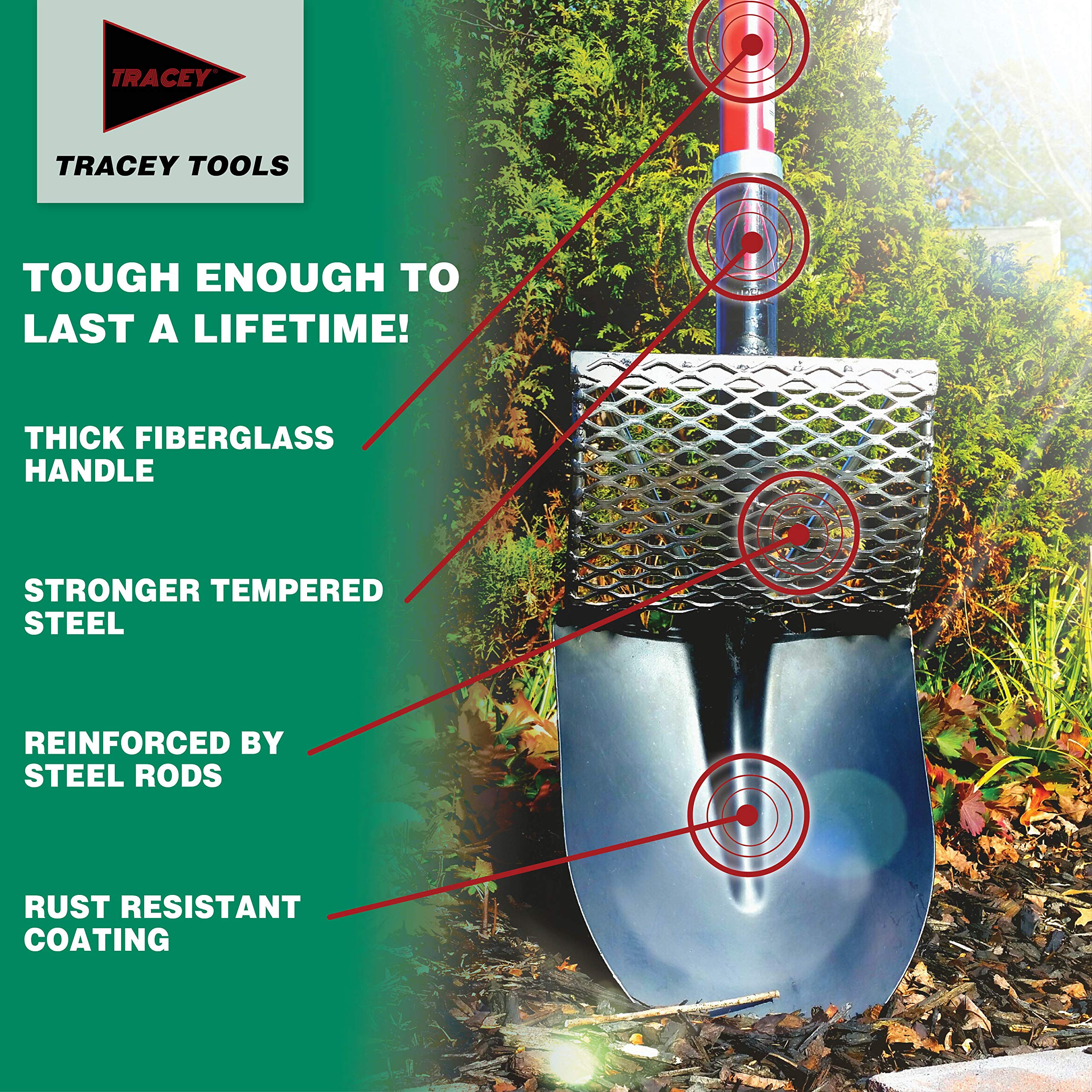 Tracey Garden Shovel with Long Fiberglass Handle for Digging, Transplanting and Gardening Round Point Spade Smart Shovel Design Tools