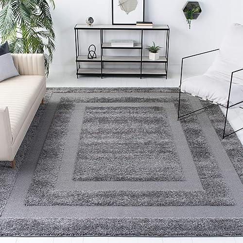 SAFAVIEH Florida Shag Collection SG454 Border Non-Shedding Living Room Bedroom Dining Room Entryway Plush 1.2-inch Thick Area Rug, 8' x 10', Grey / Grey
