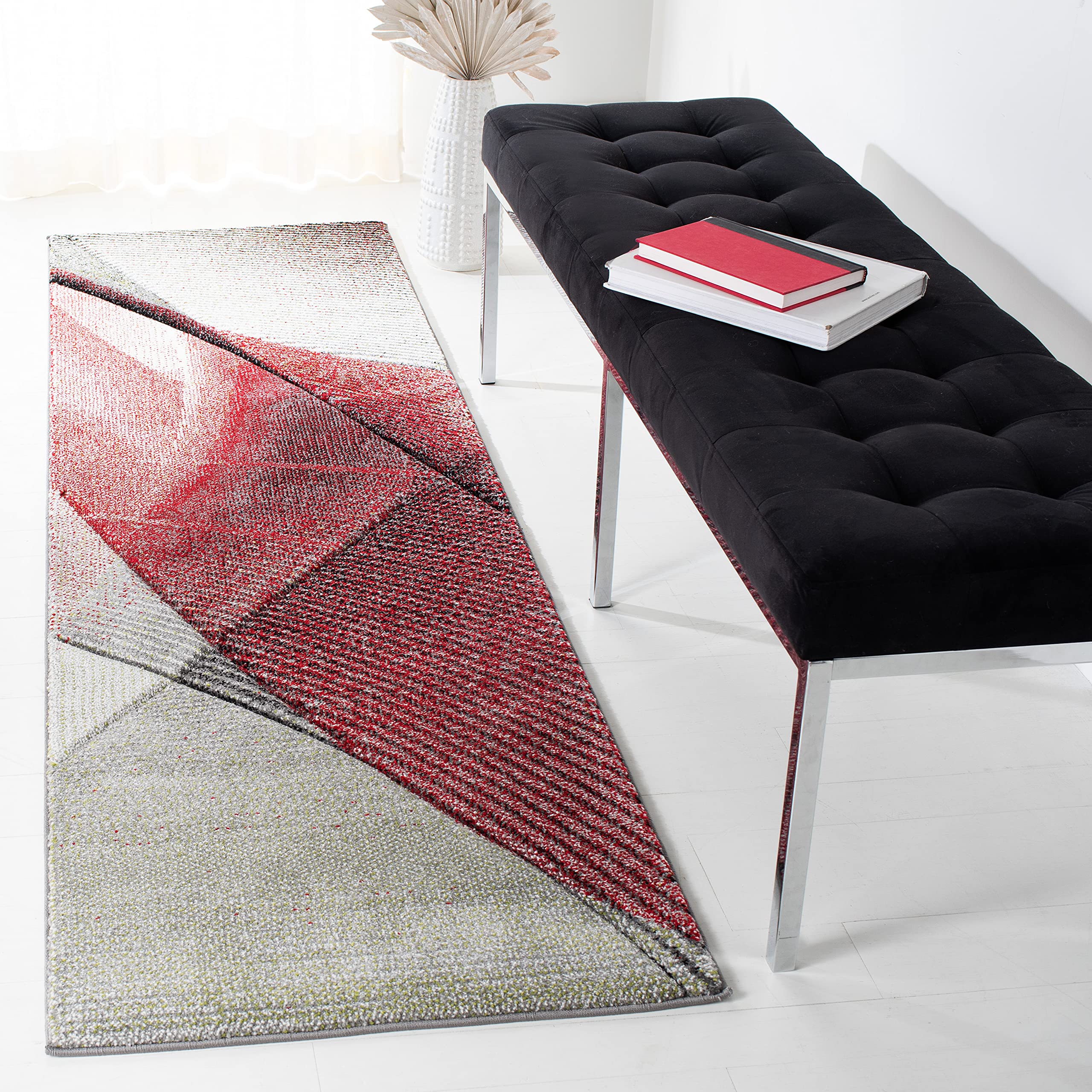 Safavieh Hollywood Collection Contemporary Rug for Living Room Dining Room Bedroom Short Pile Grey and Red 27 x 96 Inch