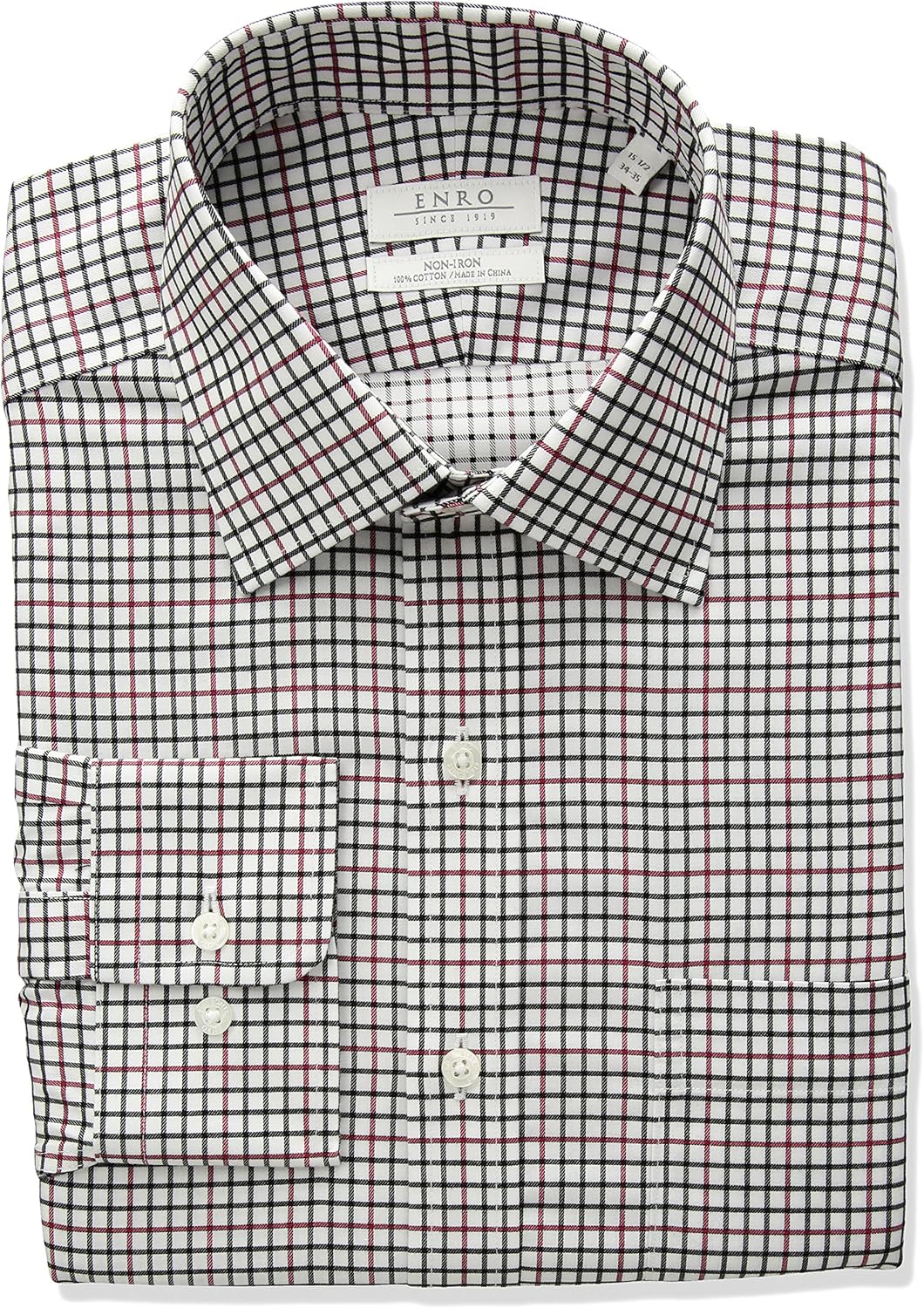 Enro Men's Classic Fit NonIron Cotton Check Dress Shirt, red, 18" Neck