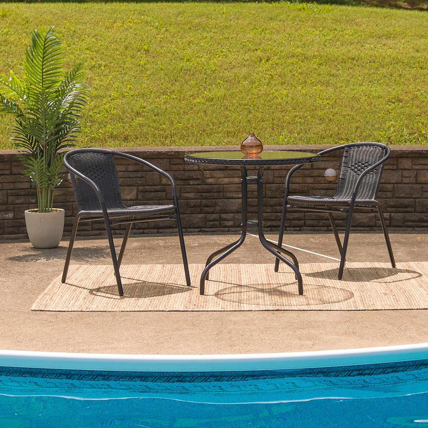 Flash Furniture 28'' Round Tempered Glass Metal Table with Black Rattan Edging: Furniture & Decor