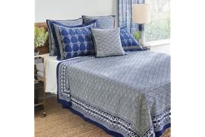 Saffron Marigold Queen Summer Bedspread - Lightweight 100% Blue Cotton, Hand Block Printed Geometric Bedding Comforter for Your Bedroom Decor Pacific Blue 90x90 inches