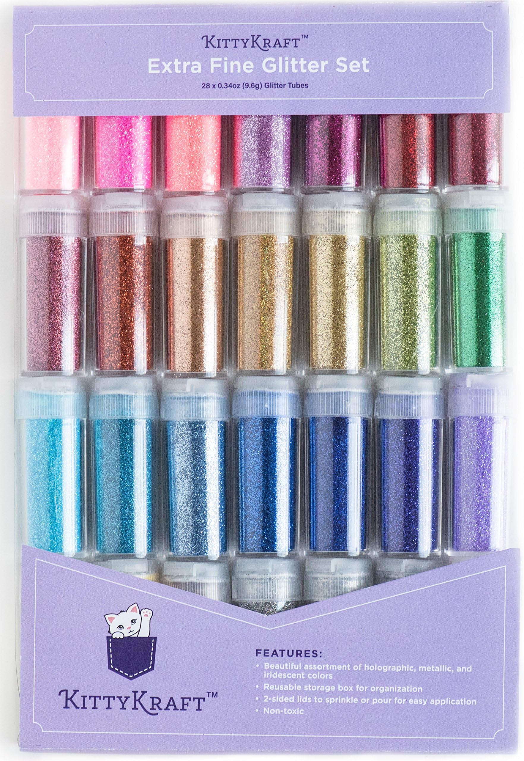 KittyKraft 28 Piece Extra Fine Glitter Set- Holographic, Metallic, and Iridescent Colors for Crafts and Slime