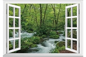 FLFK Fake Window Wall Sticker - Streams in The Jungle Faux Window Wall Mural for Wall Decor, Stick and Peel Wall Decals,24"x16"