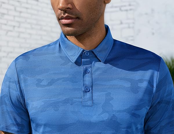 DERMINPRO MEN’S CAMOUFLAGE POLOS SHORT SLEEVE QUICK DRY COLLARED GOLF SHIRTS BLUE CAMO SMALL