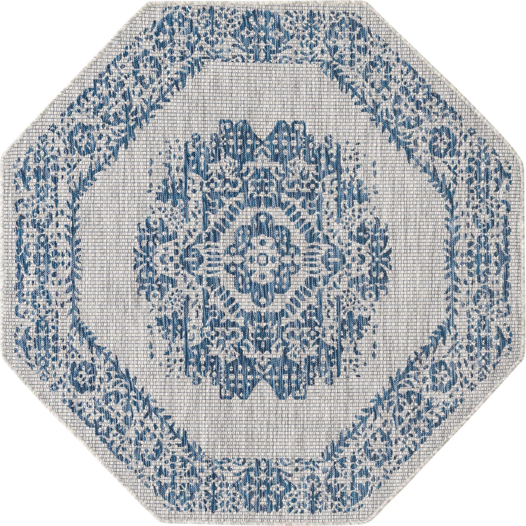 Unique Loom Outdoor Traditional Collection Area Rug - Timeworn (5' 3" Octagon, Blue/ Gray) Image