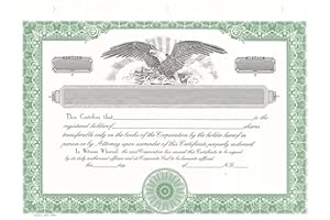 Blank Corporate Stock Certificates, HUBCO, Green, Pack of 15