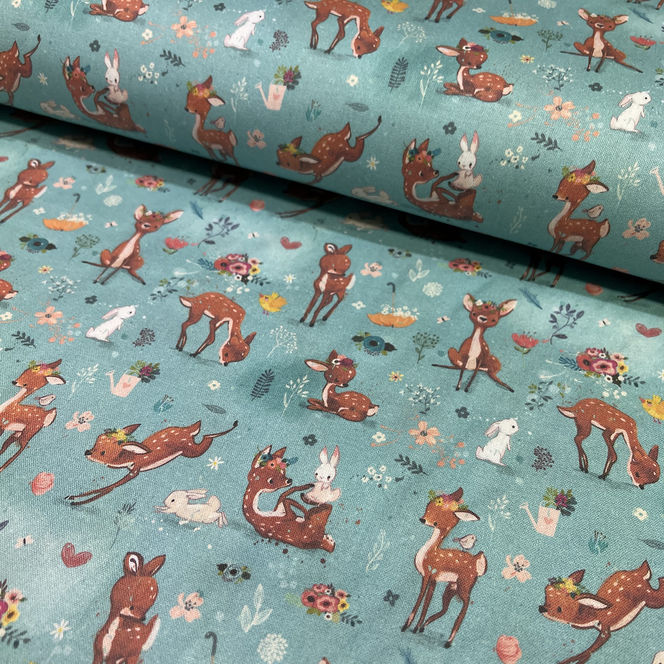 Digital Printed 100% Cotton Quilting Crafting Dressmaking Fabric 110cm Wide (1 Meter Pack, Aqua Deer Woodlands)
