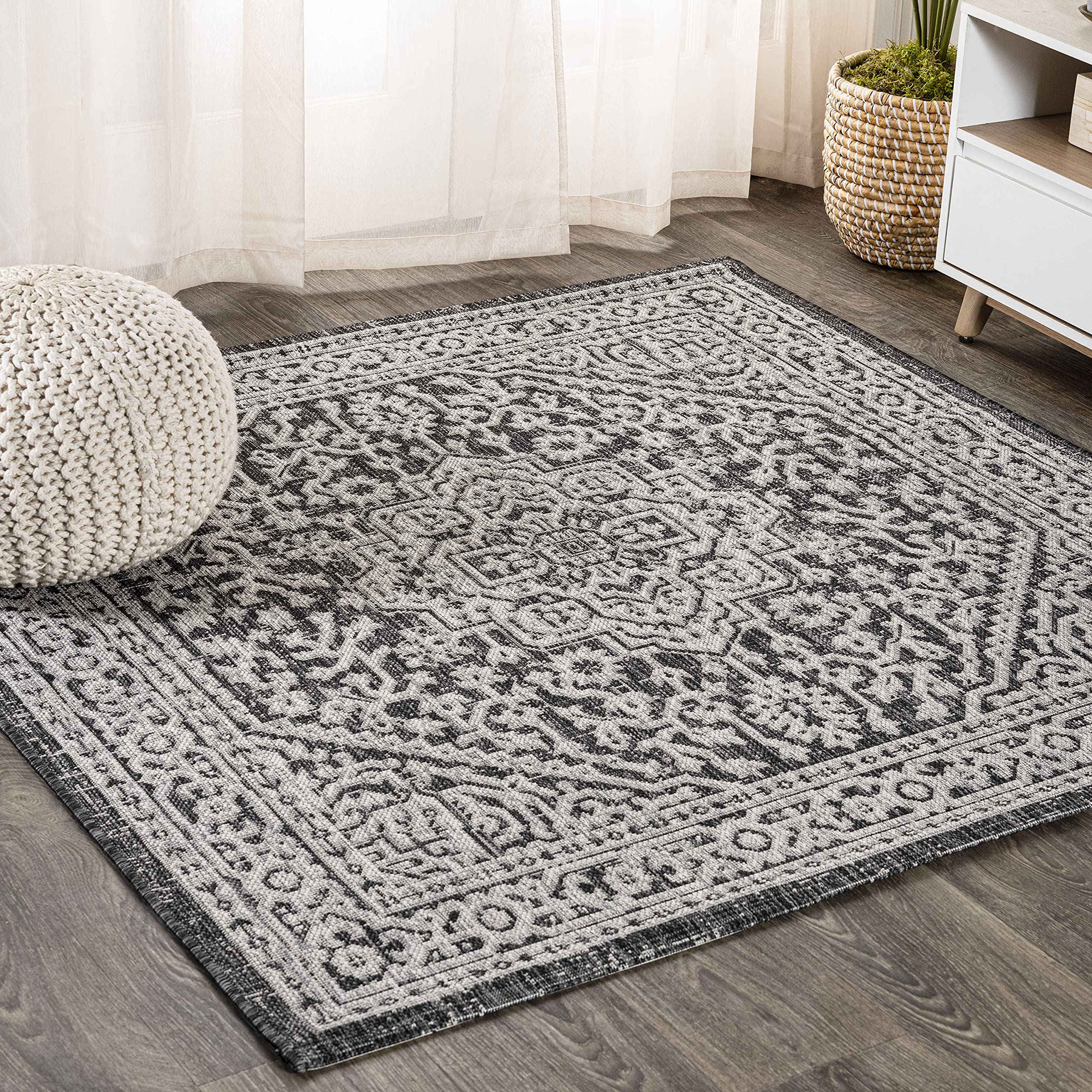 JONATHAN Y Medallion Weave Indoor Outdoor Square Area Rug 5X5 Gray/Black, Sinjuri Textured for Backyard, Patio, Porch, Easy-Cleaning, High Traffic, Pet-Friendly, Non-Shedding (SMB101D-5SQ) Image JONATHAN Y Medallion Weave Indoor Outdoor Square Area Rug 5X5 Gray/Black, Sinjuri Textured for Backyard, Patio, Porch, Easy-Cleaning, High Traffic, Pet-Friendly, Non-Shedding (SMB101D-5SQ) Image