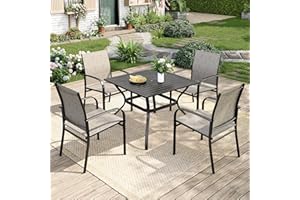 MIXPATIO 5 Pieces Patio Table and Chairs Set, 4 Person Outdoor Dining Furniture Set, 4 Brown Textilene Chairs and 37" Square Metal Table with Umbrella Hole, for Deck Backyard Lawn