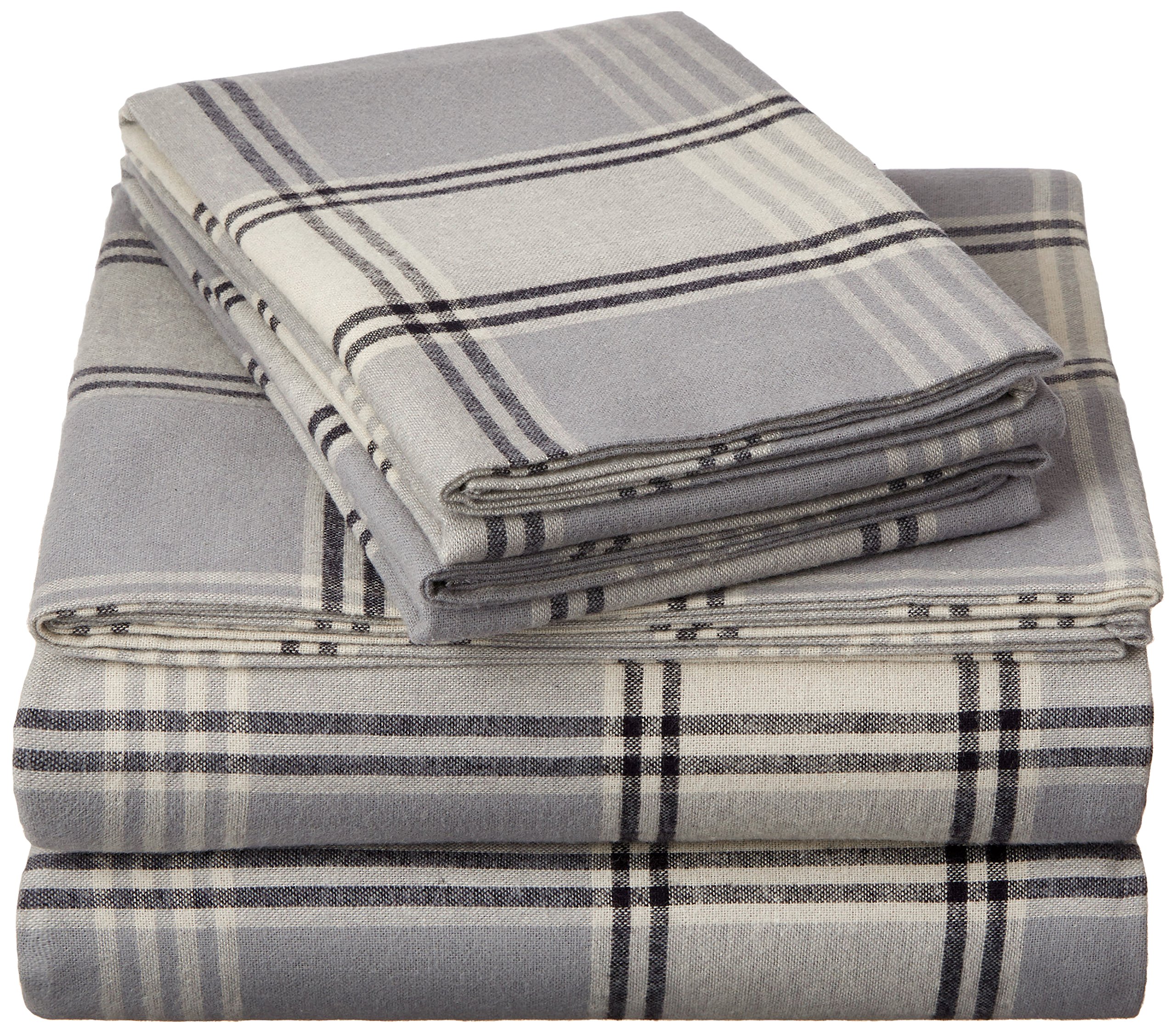 Pinzon 160 Gram Plaid Flannel Sheet Set Queen, Grey Plaid