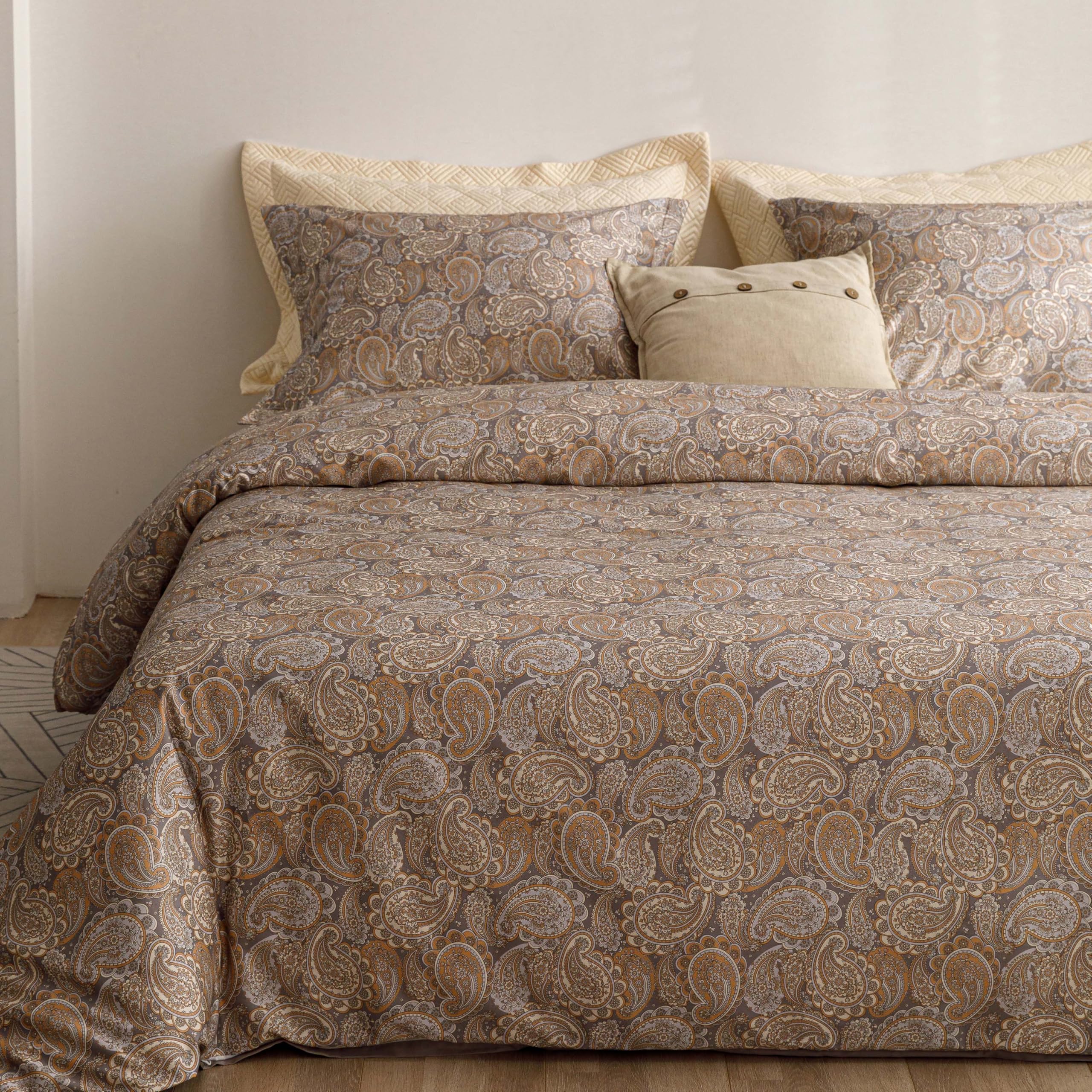 HeimenAogo Egyptian Cotton Duvet Cover King Size Sateen Weave, Silky Soft Boho Duvet Cover Zipper Closure, Long Staple Cotton Bed Linen Paisley Pattern 3 Pcs