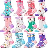 Welwoos Baby Girls Toddlers Grips Socks 12 Pairs Kids Anti Slip Non Skid Animal Funny Cartoon Crew Breathable Cotton Socks