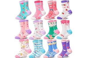 Welwoos Baby Girls Toddlers Grips Socks 12 Pairs Kids Anti Slip Non Skid Animal Funny Cartoon Crew Breathable Cotton Socks