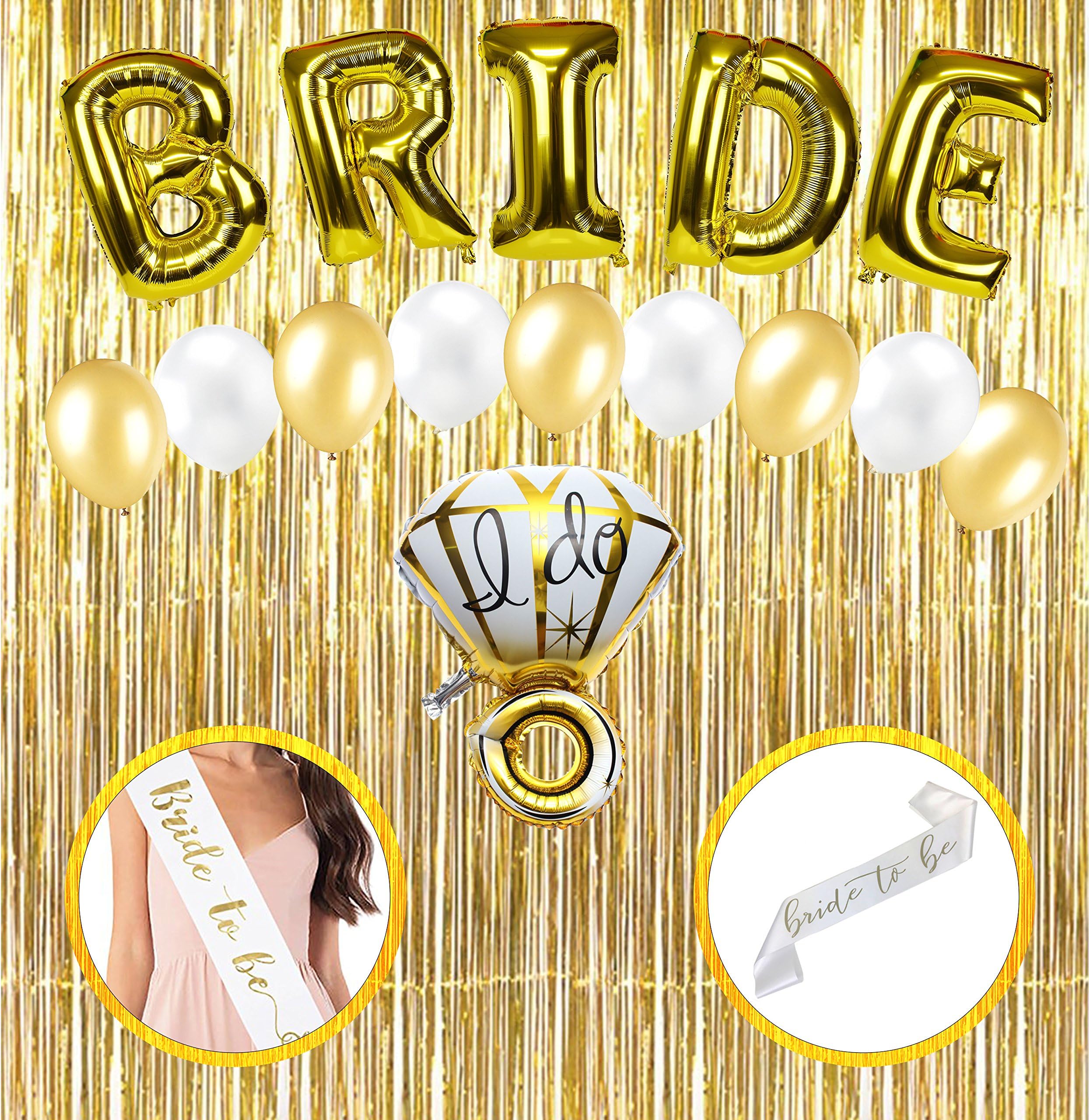 Bachelorette Party Decorations, Bridal Shower Kit Includes: Gold Foil Diamond Ring and Bride Foil Balloons, Gold and White Bride to Be Sash, Gold Fringe Curtain, Gold and White Latex Balloons