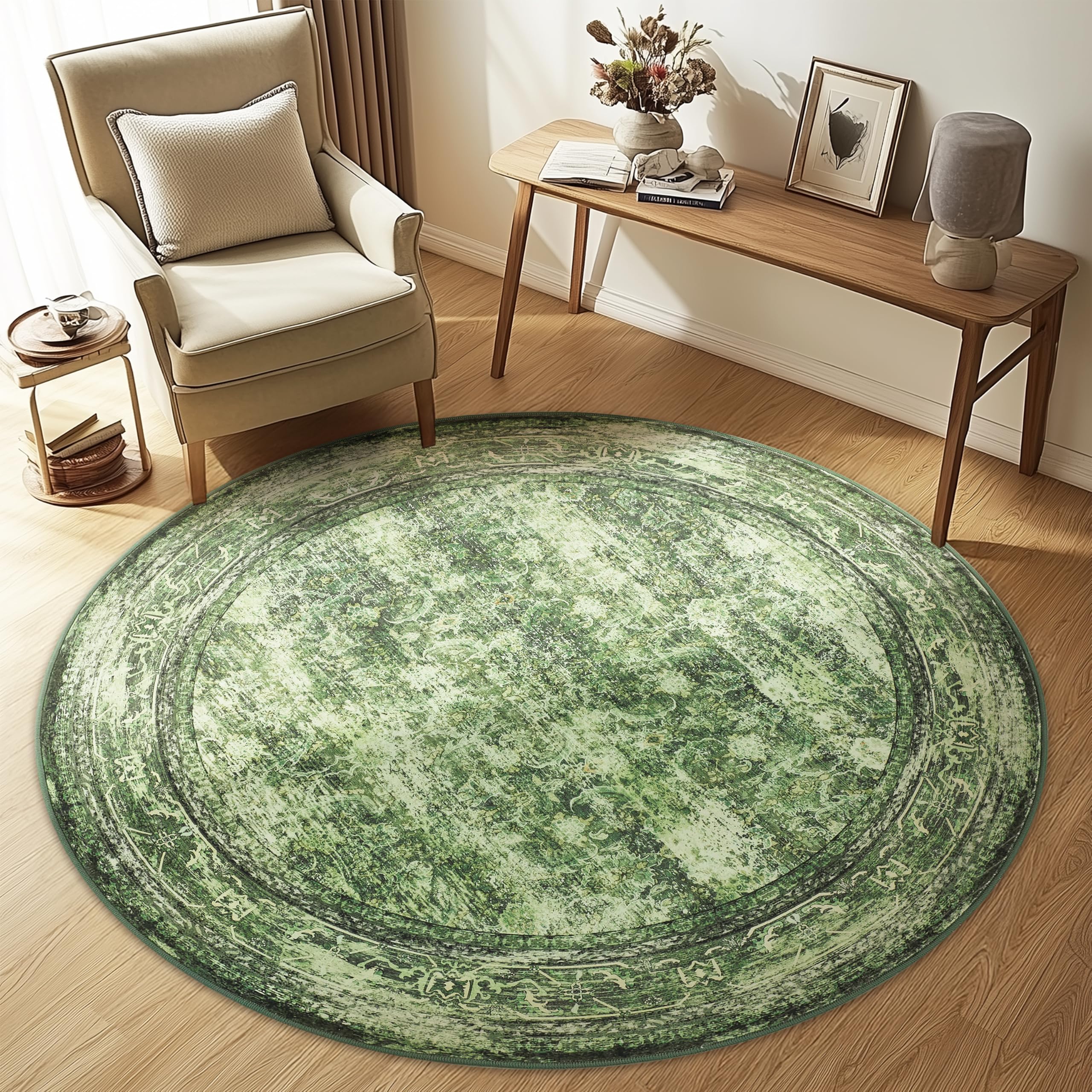 Photo 1 of 4ft Round Rug Green – Boho Retro Indoor Rug, Low Pile, Machine Washable, Non-Slip Backing, for Entryway, Nursery, Kids' Room, Foyer