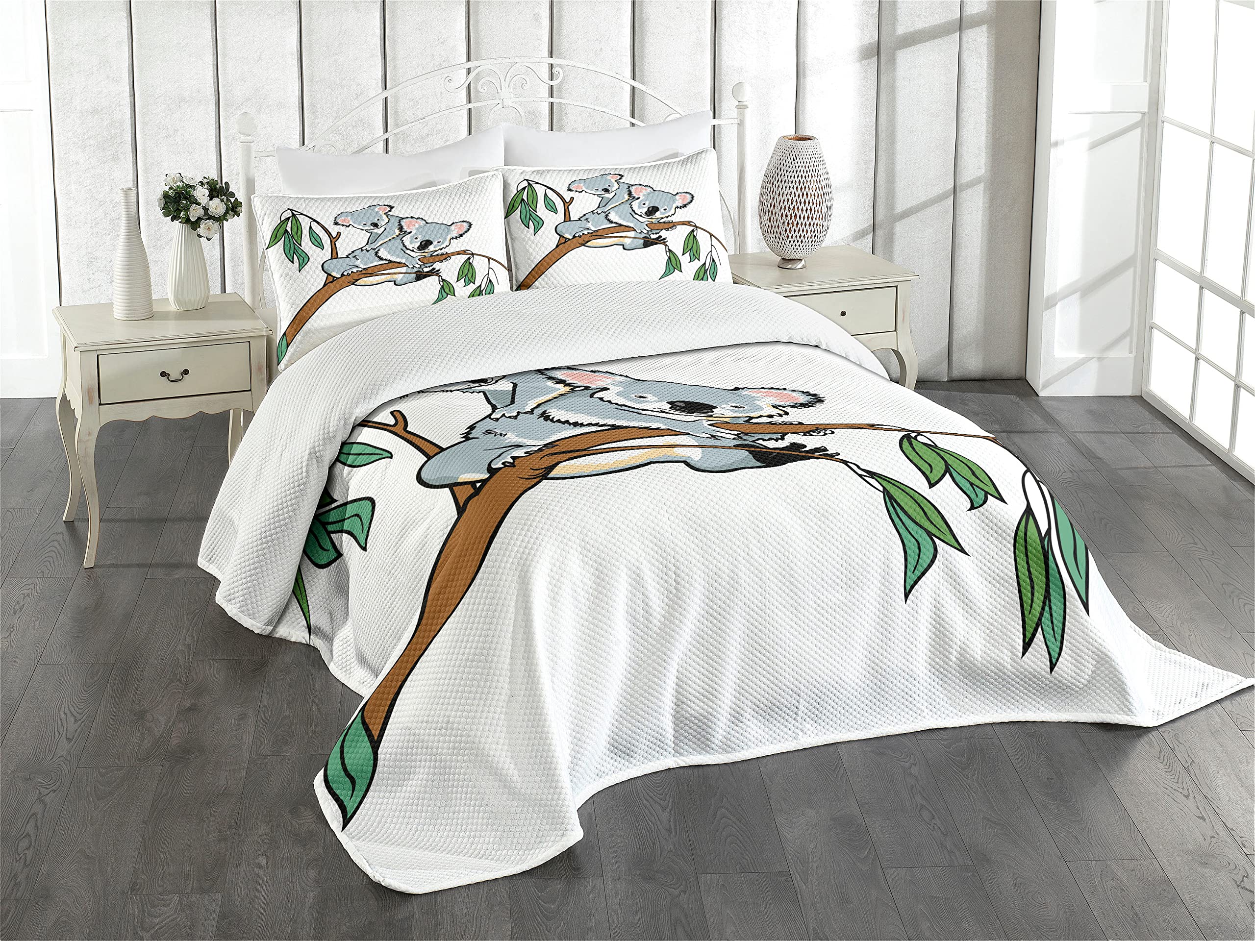 ABAKUHAUS Tropical Animals Bedspread Set, Mother and Baby Koala Climbing over Eucalyptus Tree Branch Wildlife Forest, Decorative 3 Piece Coverlet Set with 2 Pillow Shams, 170 cm x 220 cm, Brown Gray
