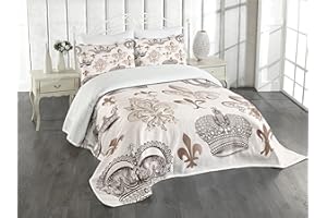Lunarable Fleur De Lis Bedspread, Crowns and Fleur-de-Lis Shapes in Engraved Style of the Famous Symbolic Pattern Art, Decorative Quilted 3 Piece Coverlet Set with 2 Pillow Shams, King Size, Beige Tan