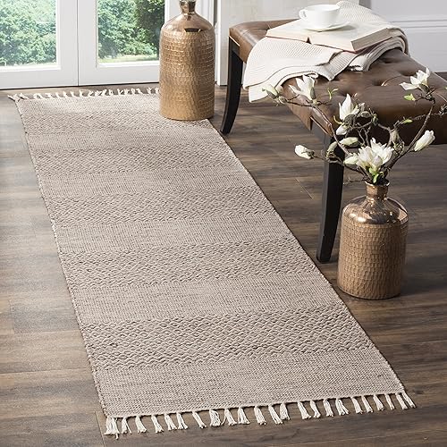 Safavieh Montauk Collection MTK330M Handmade Tassel Cotton Runner, 2'3" x 12' , Ivory / Steel Grey