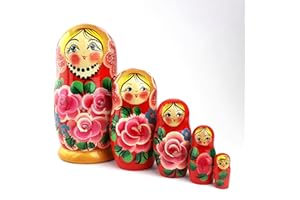 Heka Naturals Roses Nesting Dolls | All Natural Wooden Matryoshka Doll Set of 5 (7 Inch) - Traditional Babushka Home Decor, Wooden Stacking Dolls, Vintage Handmade Shape