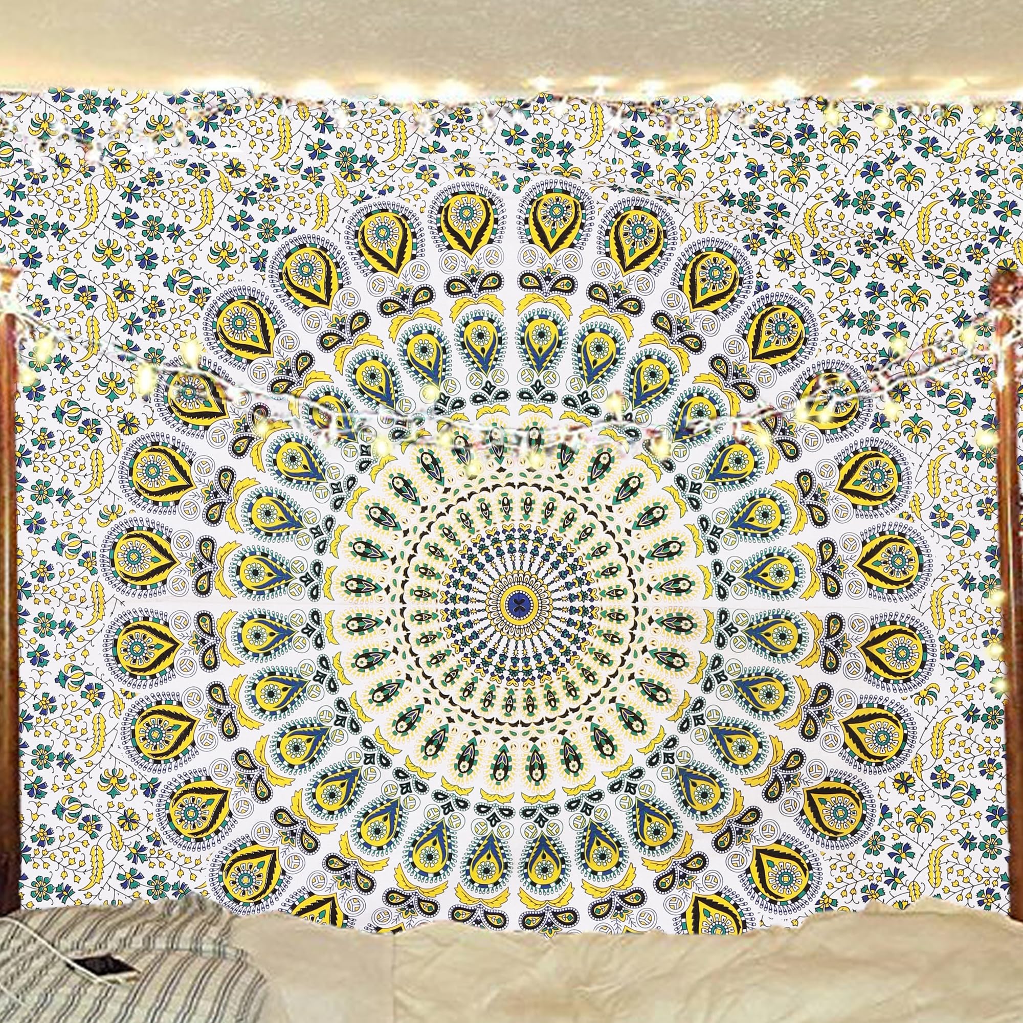 Bless International Indian hippie Bohemian Psychedelic Peacock Mandala Wall hanging Bedding Tapestry (Yellow Green, 182.88L X 137.16W cm)