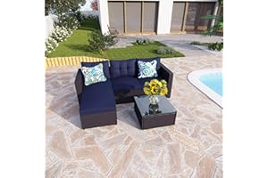 PHI VILLA Outdoor Patio Conversation Set Rattan Sectional Sofa- Small Wicker Patio Furniture Bistro Set 3-Piece, Blue