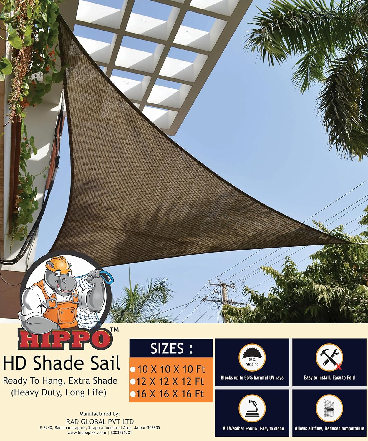 HIPPO Decorative Triangle Sun Shade Sail 95 Sun Blockage