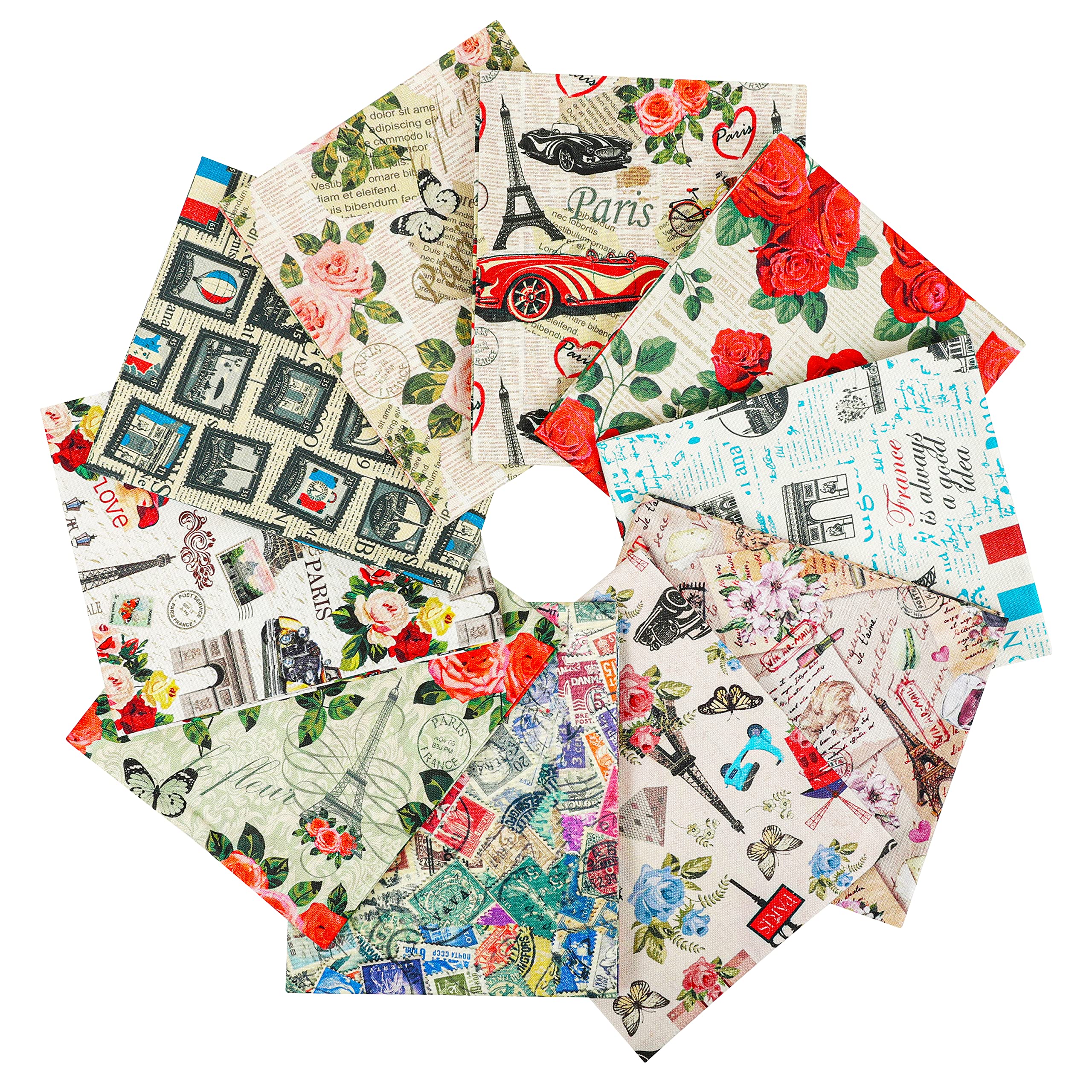 Craftido 10pcs 18”x21”(46x53cm) Fat Quarters Fabric Bundles - Medium Weight 145g - 100% Cotton Fabric for Quilting, Sewing, Patchwork, DIY and Handmade Crafts - Paris Style — image 1