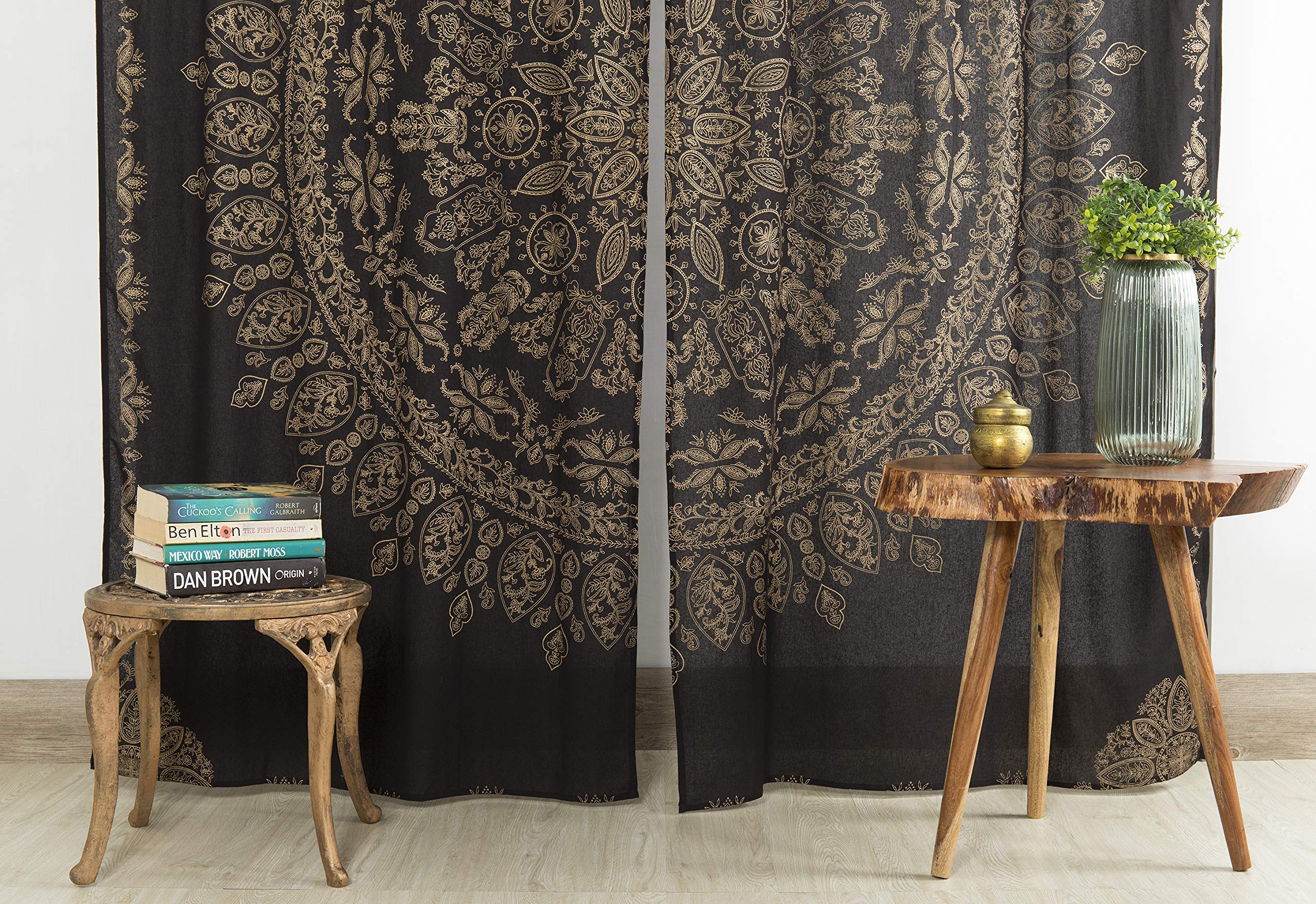 Popular Handicrafts Indian Hippie Mandala Bohemian Beautiful Black Gold Window Drapery Curtain Bedroom Living Room Balcony Valance Panels