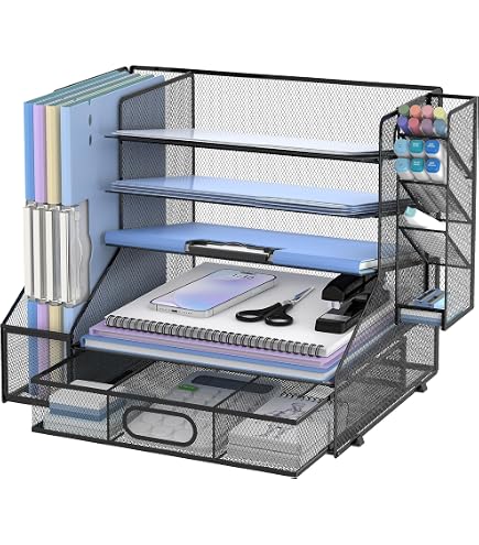 Organiseur De Bureau 5 Niveaux – Range-fichiers Coulissants, Acier Maille, Idéal Pour Trier Courrier Et Fournitures