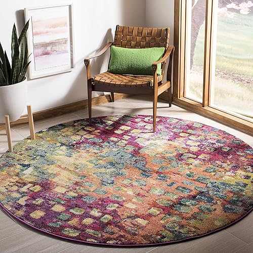 Safavieh Monaco Collection MNC225D Boho Chic Abstract Watercolor Non-Shedding Stain Resistant Living Room Bedroom Area Rug, 6'7" x 6'7" Round, Pink / Multi
