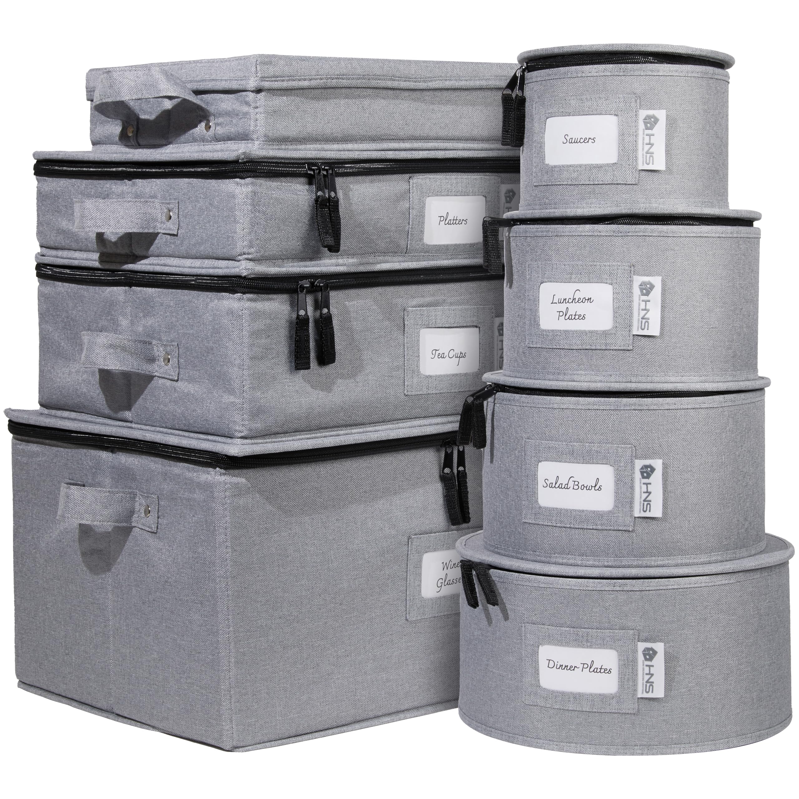 Photo 1 of Hard Shell China Storage Containers 8-Piece Set Moving Boxes for Dinnerware, Glasses, Plates, Mugs and Saucers Sturdy Dish Organizer with Dividers for Seasonal Storage - Service for 12 - Gray