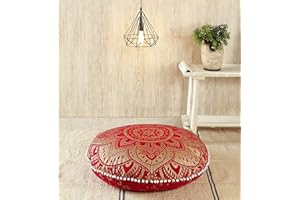 Popular Handicrafts Floor Pillow Cushion Cover - Large Hippie Mandala Pouf Cover Round with Pom Pom Soft Particles, Bohemian Yoga Decor, Intricate Pattern, 32" Red Fire